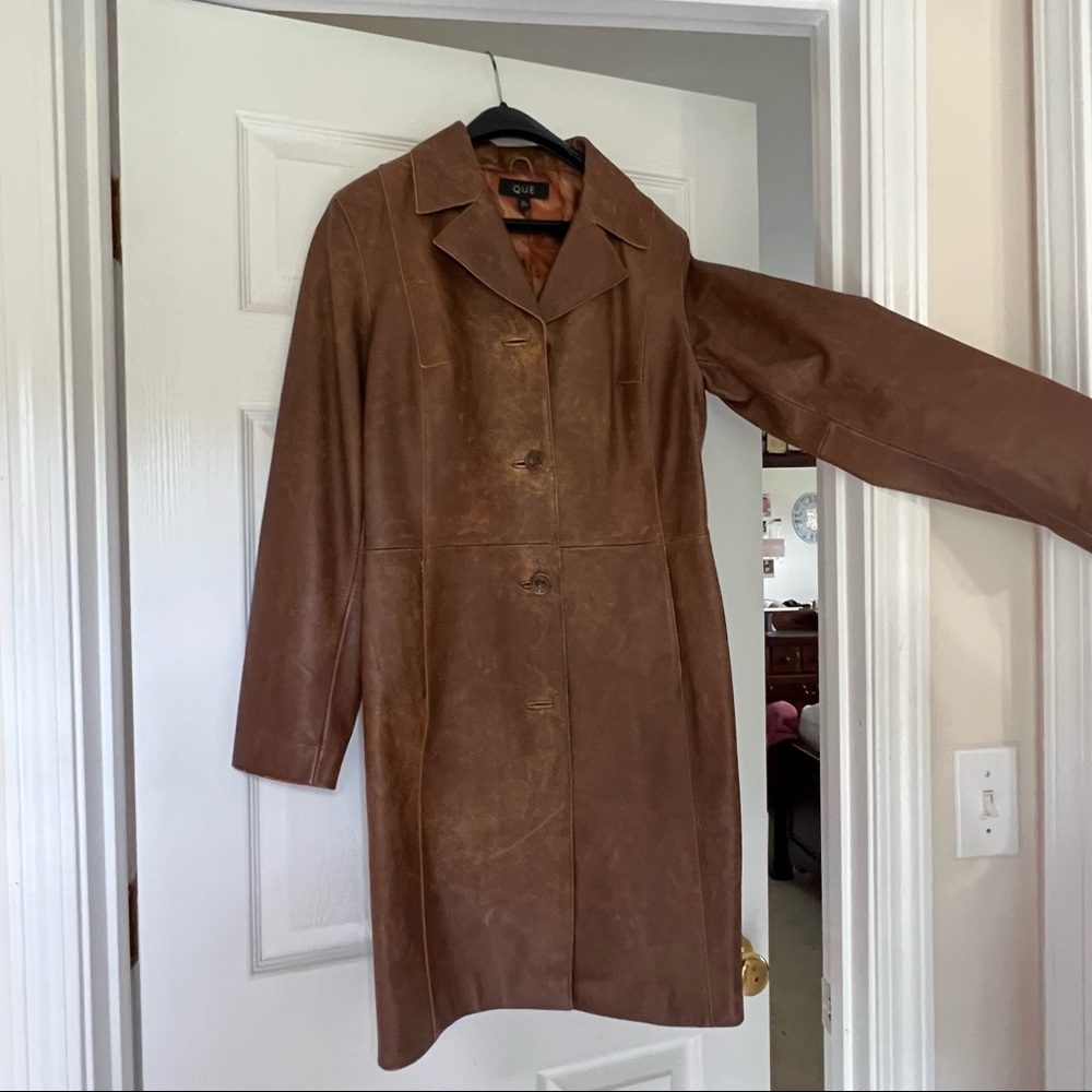 QUE genuine leather trench jacket brown